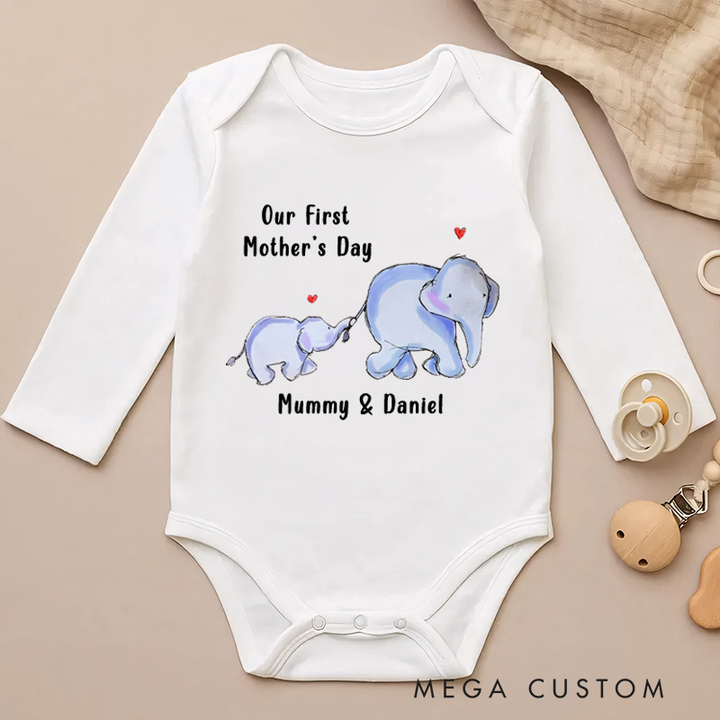 Personalized Our First Mother’s Day Elephant Baby Onesie with Names Gift for Baby New Mom