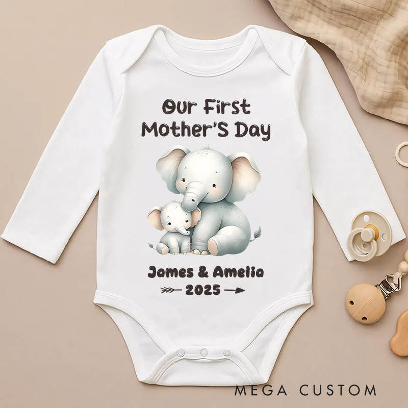 Personalized Our First Mother's Day Design with Sweet Elephant Mom and Baby and Year Baby Bodysuit