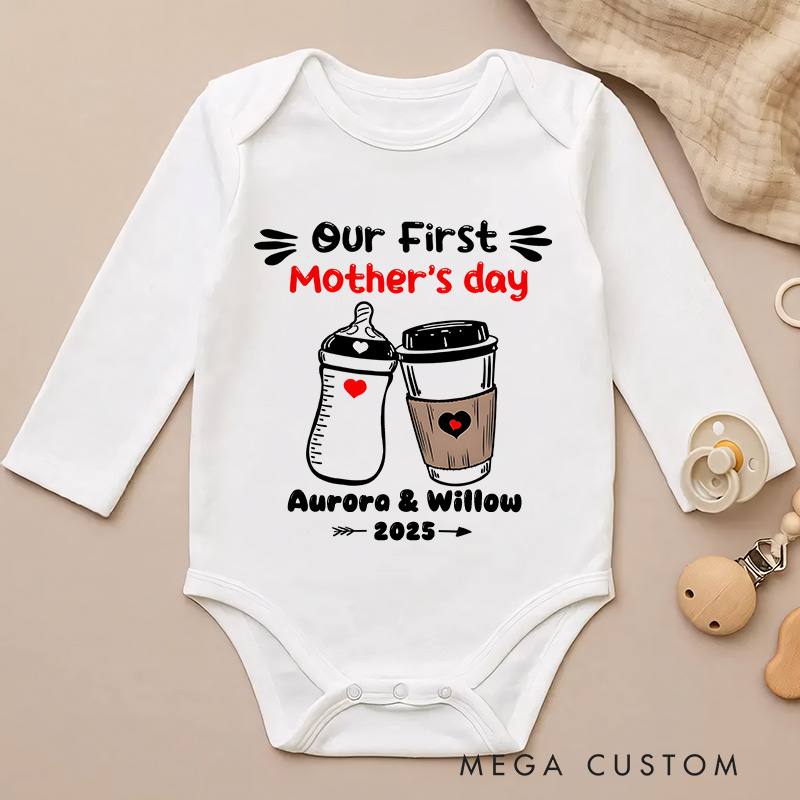 Personalized Our First Mother's Day Milk Bottle and Coffee Cup with Names and Heart Accents Baby Bodysuit