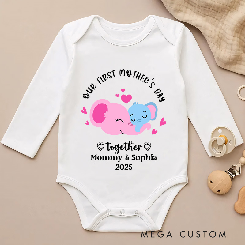 Personalized Our First Mother's Day Together Baby Onesie with Name Cute Giraffe Elephant Bear Koala Gift for Newborn