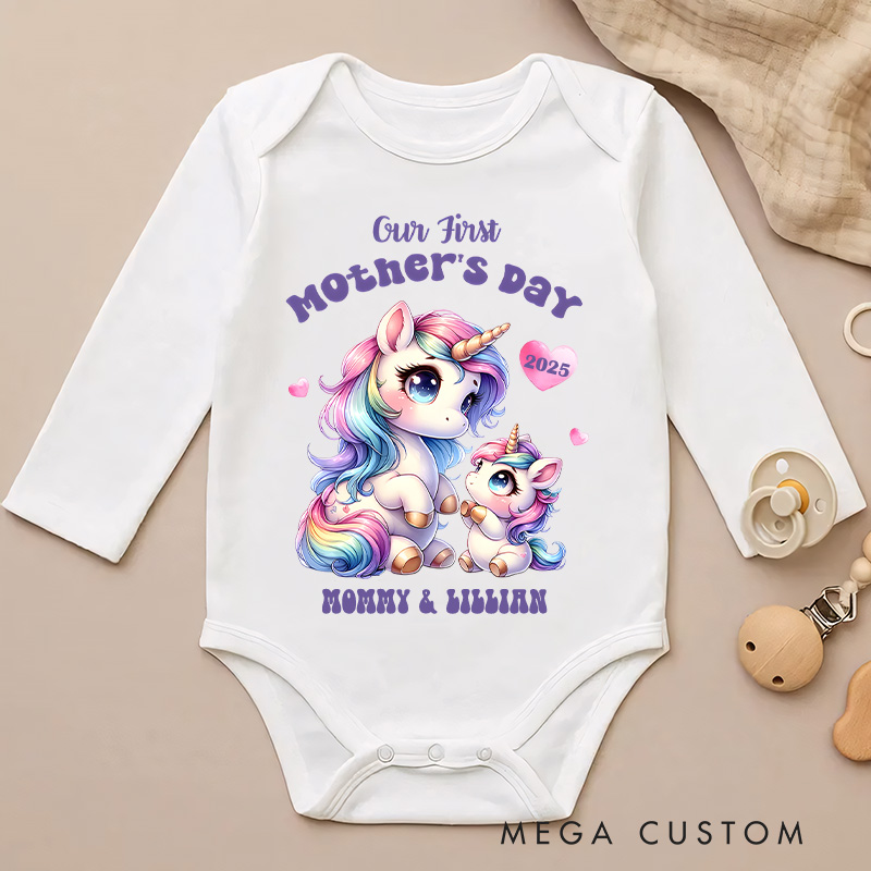 Personalized Our First Mother's Day Unicorn Mom and Baby Design with Vibrant Colors and Name Baby Bodysuit