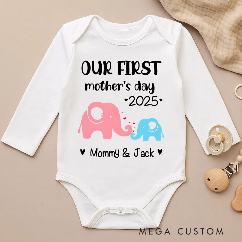 Personalized Our First Mother's Day Pink and Blue Elephant Design with Names and Year Baby Bodysuit