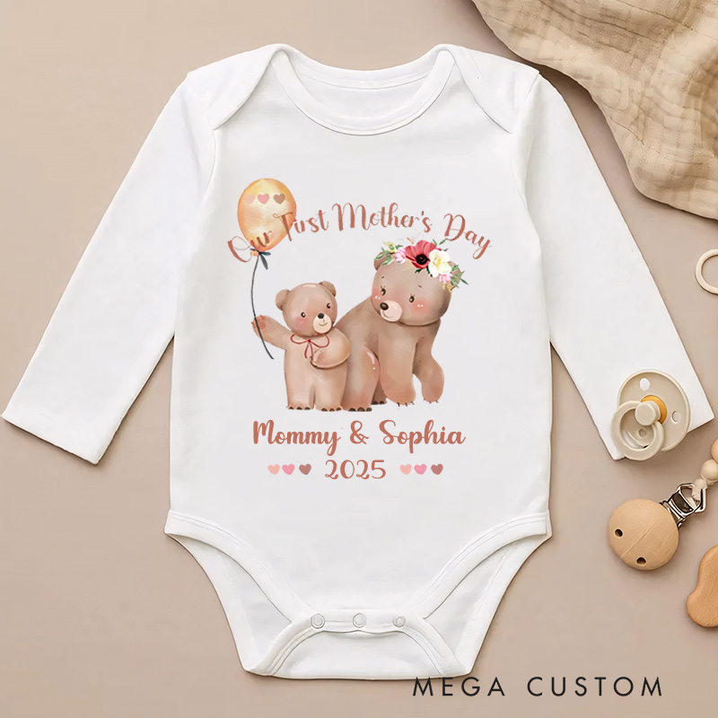 Personalized Watercolor Cute Bears Baby Onesie with Name Our First Mother's Day Gift for Mom Baby