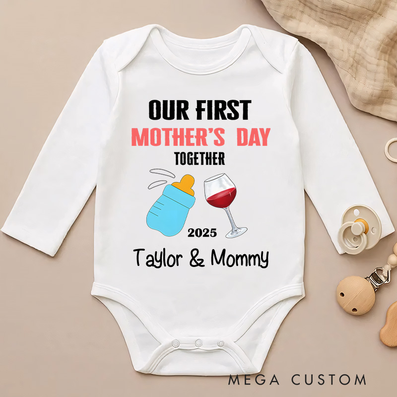 Personalized Our First Mother's Day Together Design with Bottle and Wine Glass Illustration Baby Bodysuit