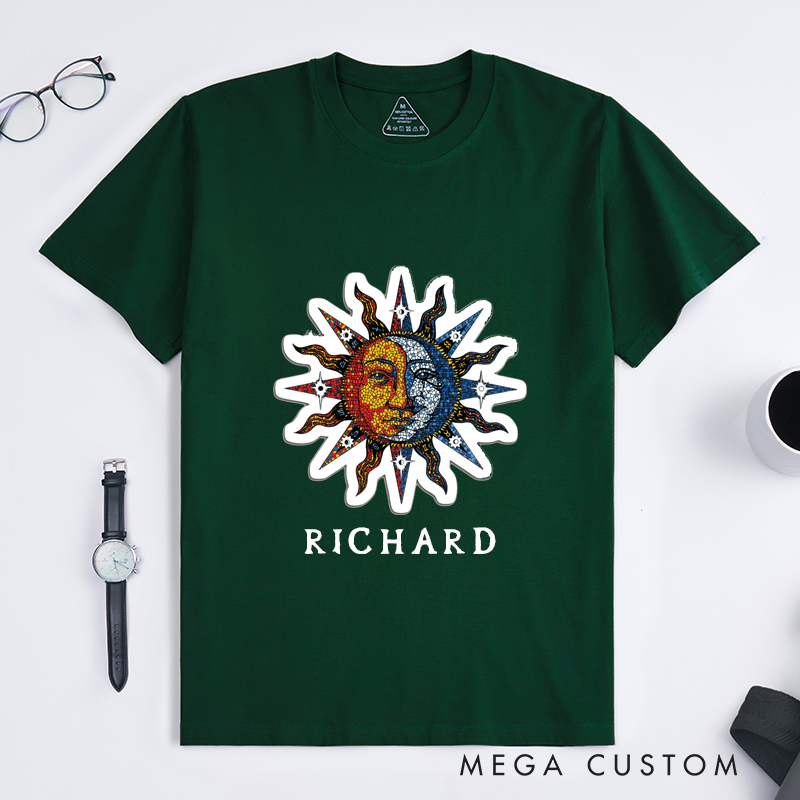 Personalized Sun and Moon Mosaic Face Classic T-Shirts Custom Name Retro Art Unisex Gift Cosmic Celestial Pattern Unique Birthday Present