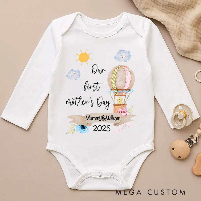 Personalized Our First Mother's Day Hot Air Balloon and Sunny Sky Design with Names and Year Baby Bodysuit
