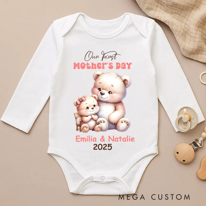 Personalized Our First Mother's Day Bear Mom and Baby Design with Cute Pastel Colors and Names Baby Bodysuit