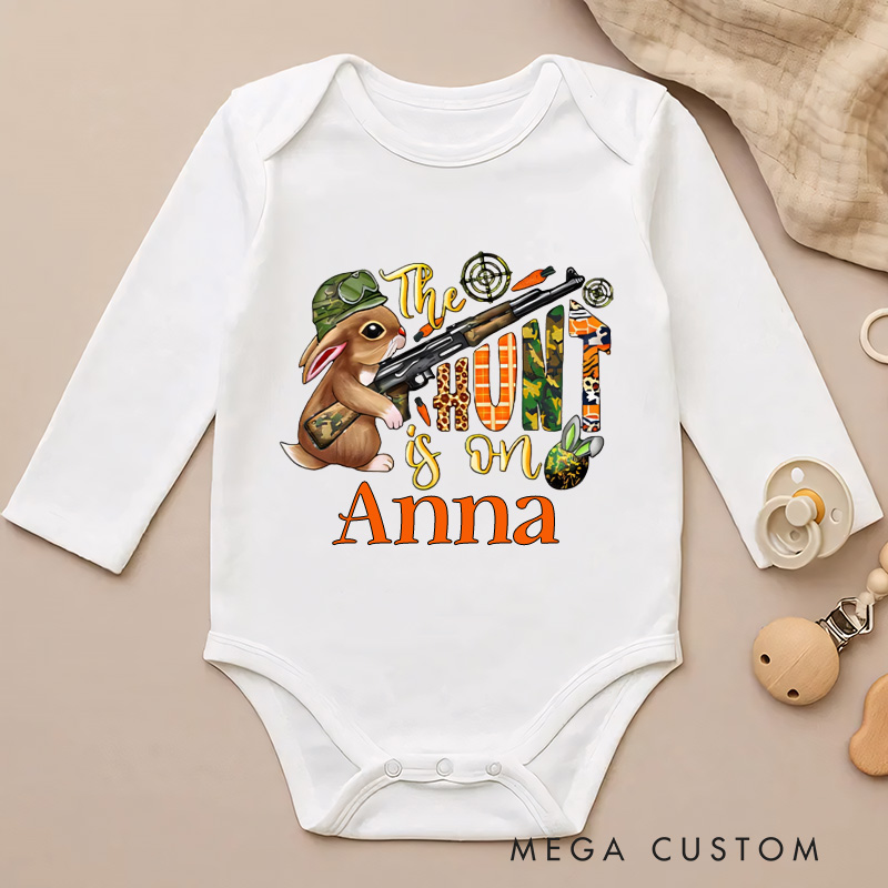 Personalized Cute Bunny The Hunt Is On Baby Onesie with Name Easter Gift for Baby