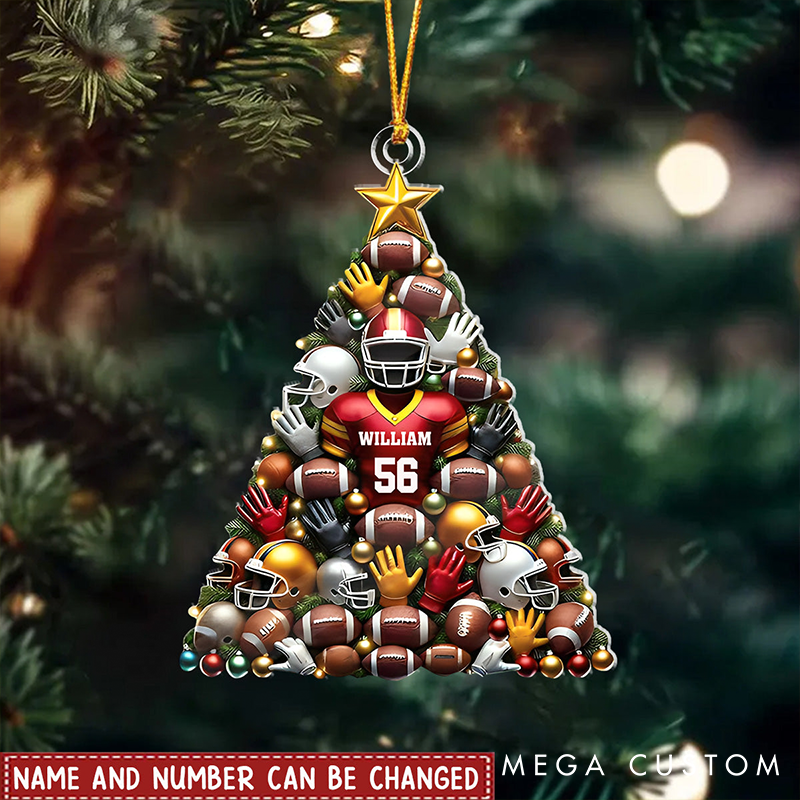 Personalized Football Themed Christmas Tree Ornament with Custom Name and Number Design