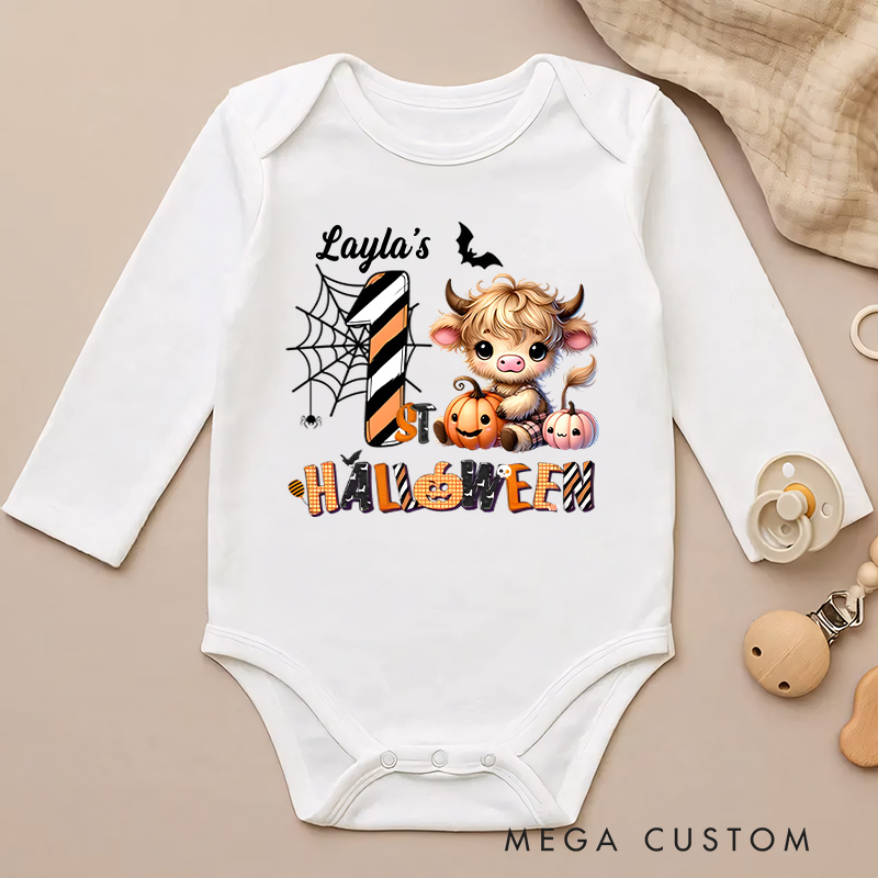 Personalized First Halloween Fun Featuring Cute Baby Cow Baby Bodysuit