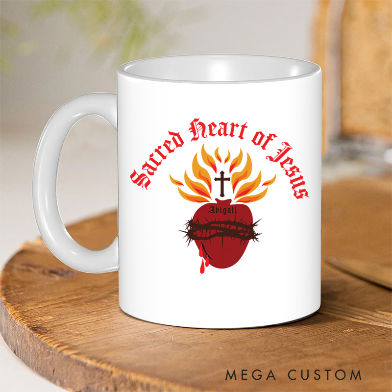 Personalized Sacred Heart of Jesus Ceramic Mug with Name Birthday Gift for Christian Positive Affirmation Religious Gift for Christian