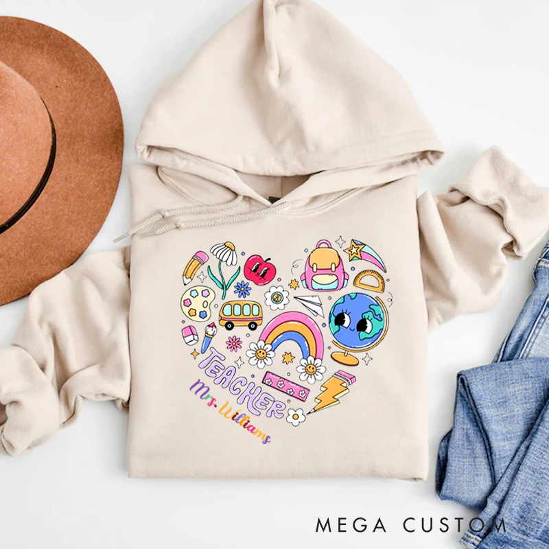 Personalized Hoodies for Teachers School Related Elements Arranged in a Heart shape Hoodies Appreciation Gift for Teachers