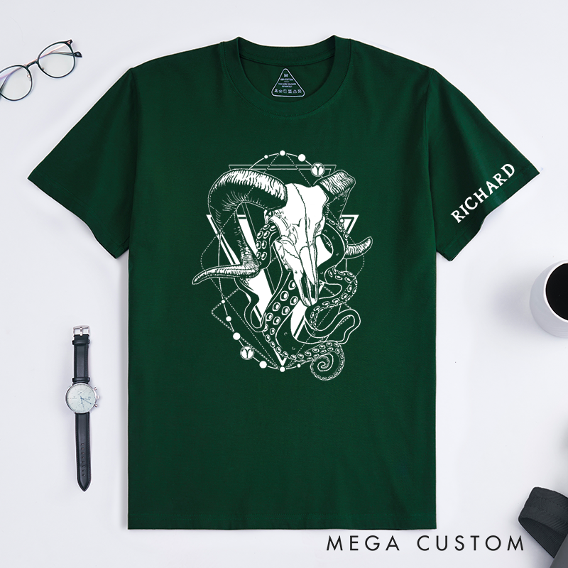Personalized Ram Skull Tentacle Art Classic T-Shirts Custom Name Gothic Animal Graphic Unisex T-Shirt Unique Birthday Gift for Men Women Friends