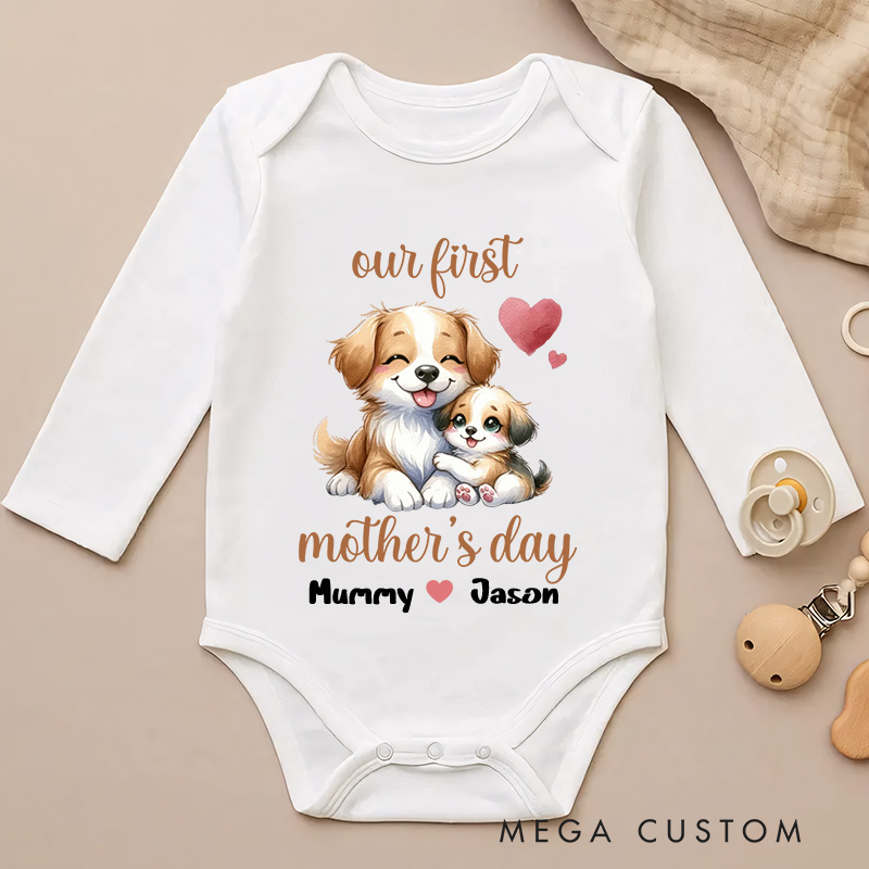 Personalized Cute Animal Mom Hugs Baby Baby Bodysuit with Names First Mother's Day Gift for Newborn New Mom