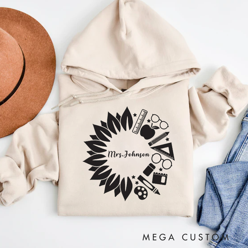 Personalized Hoodies for Teachers Sunflower Inspired Wreath Made up of School Themed Icons Hoodies Gift for Teachers
