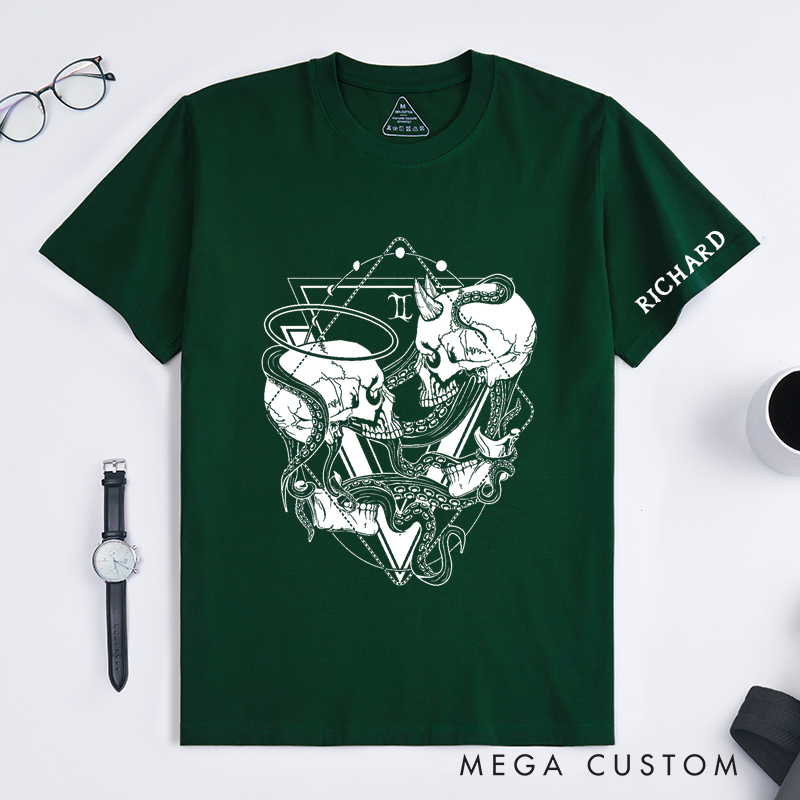 Personalized Gothic Skull Gemini Classic T-Shirts Unique Tentacle Art Custom Name Gift for Men Women Birthday Present Halloween Occult Lovers