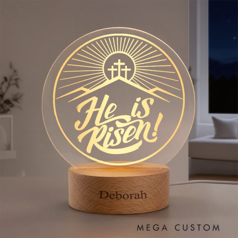 Personalized He Is Risen LED Night Light with Round Wooden Base Home Decor Easter Decor for Birthday and Easter Gift for Christian