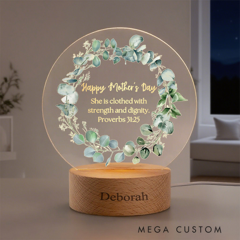 Personalized Proverbs 31:25 Bible Verse with Eucalyptus Wreath LED Night Light with Round Wooden Base Home Decor for Mother's Day Gift for Women