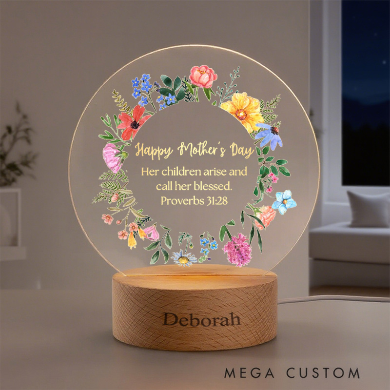 Personalized Bible Verse Proverbs 31:28 with Vibrant Floral Wreath LED Round Night Light with Wooden Base Religious Decor Gift for Women Mother's Day Gift 