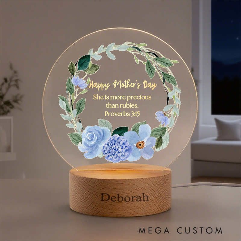 Personalized Bible Verse Proverbs 3:15 with Watercolor Floral Wreath LED Round Night Light with Wooden Base Religious Decor Gift for Women Mother's Day Gift 