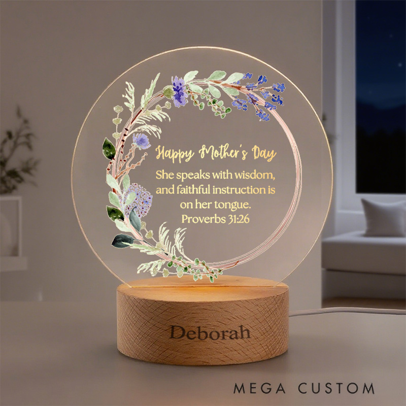 Personalized Bible Verse Proverbs 31:26 with Graceful Floral Wreath LED Round Night Light with Wooden Base Religious Decor Gift for Women Mother's Day Gift 
