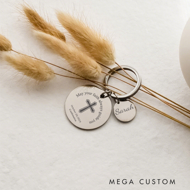Personalized Cross and May Your Faith Always Guide You Keychain with Name and Date Religious Keychain Confirmation Gift for Kids