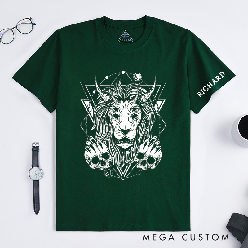 Personalized Lion Skull Horns Design Classic T-Shirts Unique Gothic Animal Art Custom Name Gift for Men Women Birthday Present Fashionable