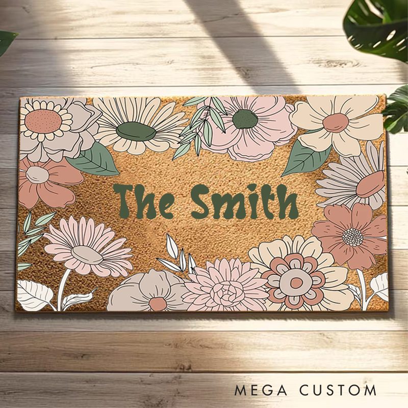 Personalized Doormat Custom Flowers Door Mat With Family Name New Home Gift Housewarming Wedding Gift for Couples First Home Gift Christmas Gift