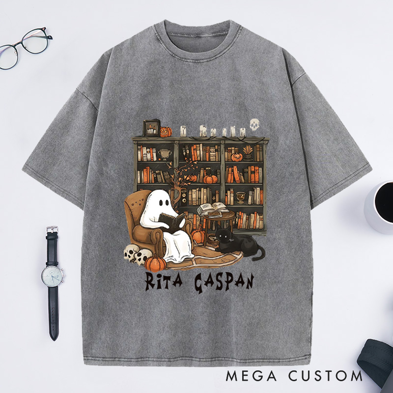 Personalized Ghost Book Reader Washed T-Shirts Reading Tee Book Lover Gift Reading Enthusiast Book Shirt Ghost Reader Tee Literature Lover