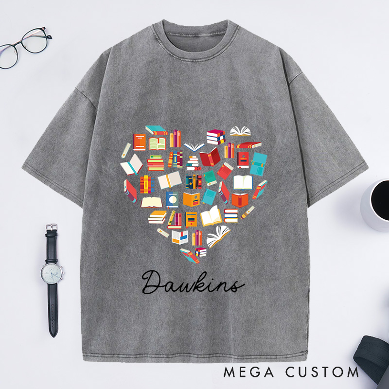 Personalized Book Love Washed T-Shirts Book Addict Clothing Book Heart Tee Reading Lover T-Shirt 