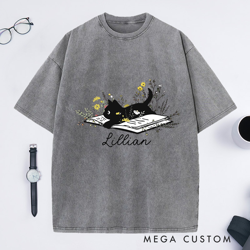 Personalized Cat Flowers Lover Washed T-Shirts Cute Book Cat Shirt Floral Book Shirt Book Lover Shirt