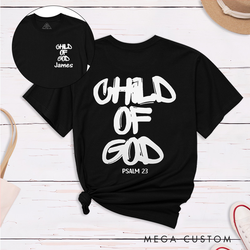 Personalized Child of God Classic T-Shirt with Name Graffiti Style Cotton Bible Verse Shirt Christmas Easter Gift for Men and Women
