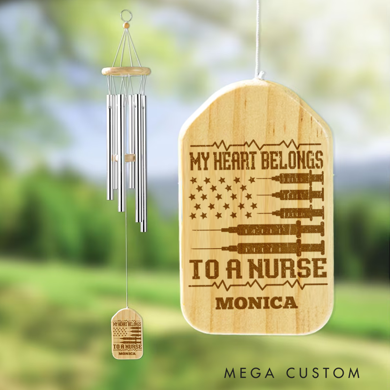 Personalized Wind Chimes for Nurse Engraved My Heart Belongs to a Nurse Design Memorial Wind Chimes Retirement Wind Chime Sympathy Gift