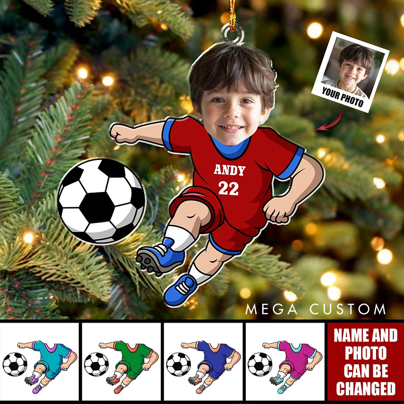 Personalized Soccer Player Ornament with Custom Name Number and Photo Design
