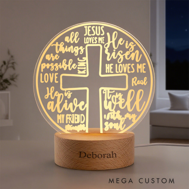 Personalized Bible Verse Cross Round Custom LED Night Light with Round Wooden Base Home Decor Birthday Gift for Christian 