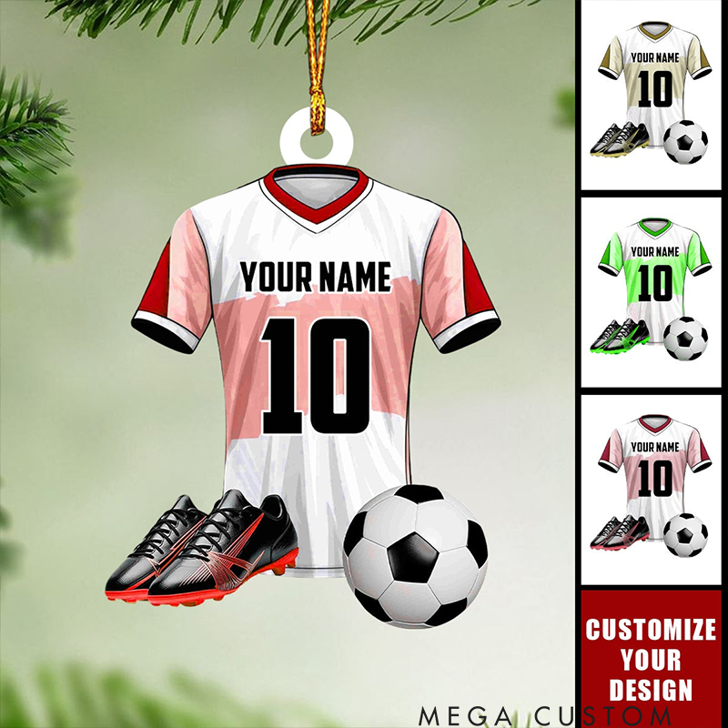Personalized Soccer Jersey Ornament with Customizable Name Number and Design Featuring Soccer Ball and Cleats