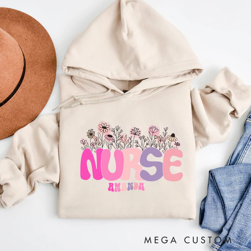 Personalized Hoodies for Nurse Nurse Arrangement of Hand Drawn Flowers Hoodies Appreciation Gift for Nurse