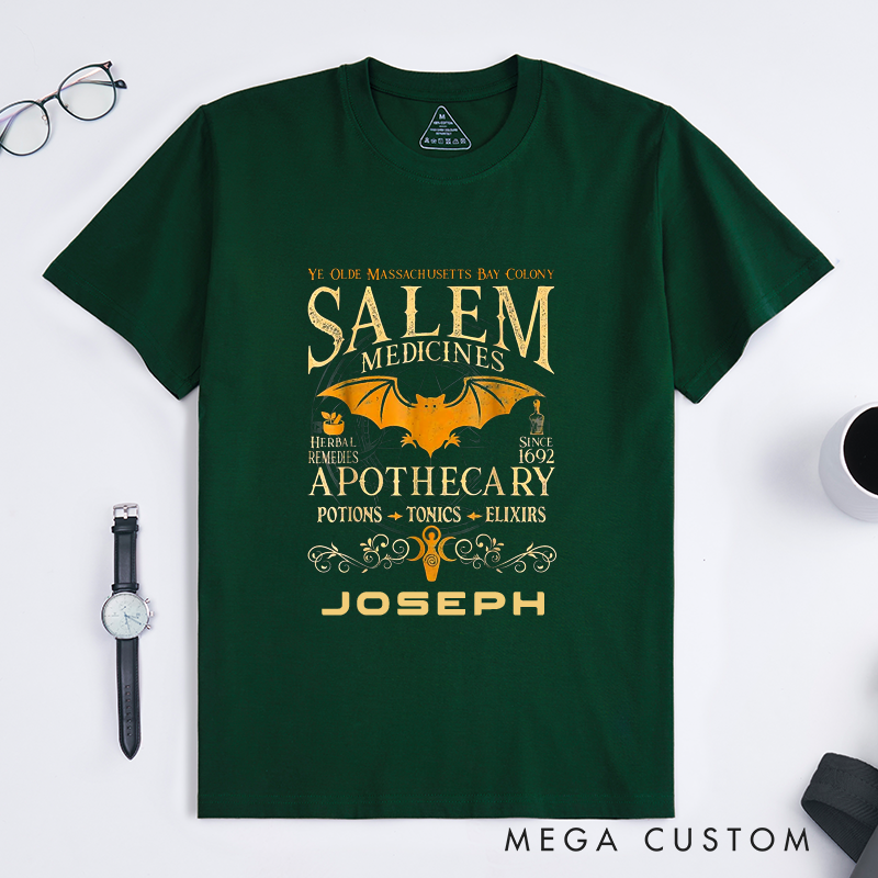 Personalized Salem Apothecary Classic T-Shirts Vintage Witchcraft Herbal Remedies Potions Elixirs Halloween Gifts Custom Name Unisex