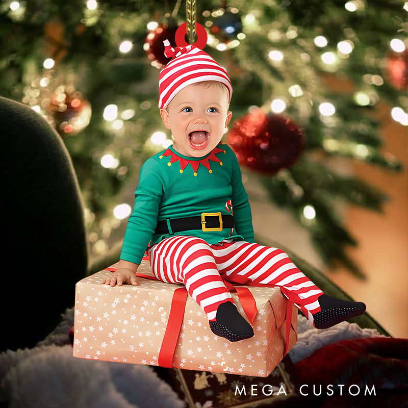 Personalized Adorable Baby Photo in Green and Red Outfit Perfect for Christmas Celebration Christmas Ornaments