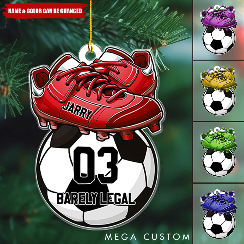 Personalized Soccer Ornament with Custom Name Number Color and Text Featuring Cleats and Ball Design