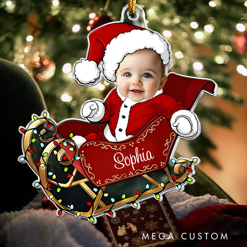 Personalized Adorable Baby Photo Santa in Sleigh with Lights for Christmas Memories Christmas Ornaments