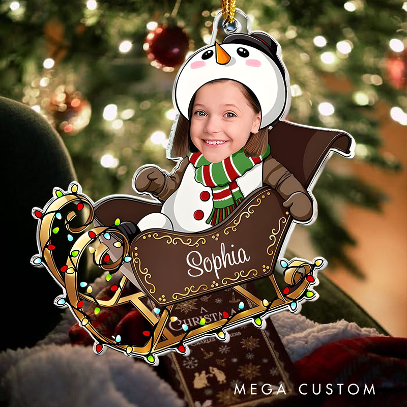 Personalized Baby Photo in Snowman Outfit Riding a Festive Sleigh with Holiday Lights Christmas Ornaments
