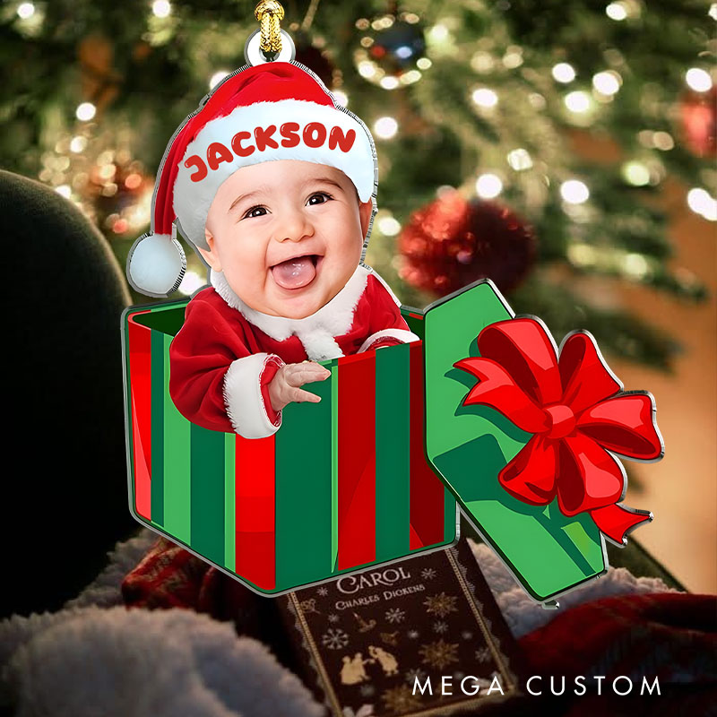 Personalized Baby Photo in Gift Box with Festive Hat Bringing Holiday Cheer Christmas Ornaments