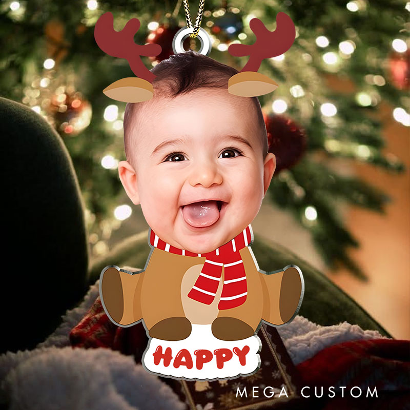 Personalized Baby Photo Reindeer in Cozy Scarf for a Cute and Festive Christmas Look Christmas Ornaments