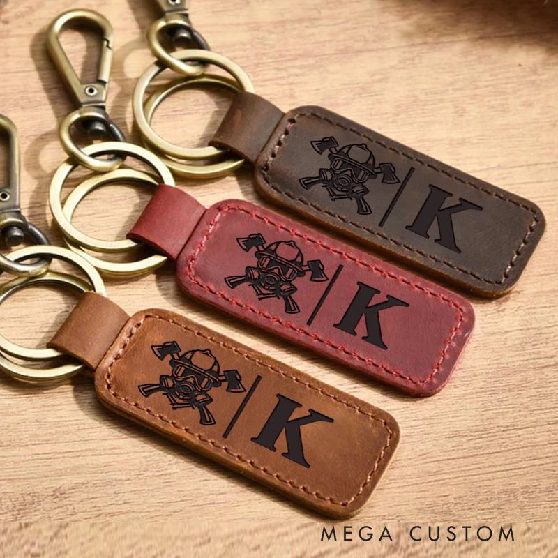 Personalized Leather Keychain with Firefighter Design Custom Initial Engraved Keyring Gift for Firefighter