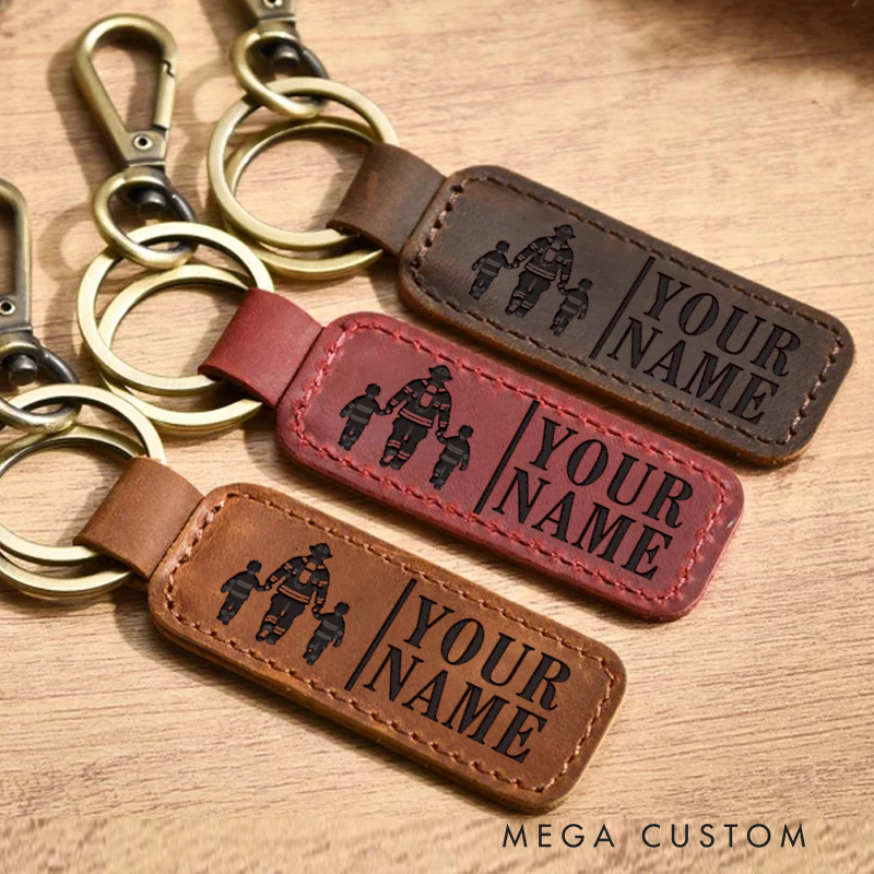 Personalized Leather Keychain with Father and Two Children Design Thoughtful Gift for Firefighters