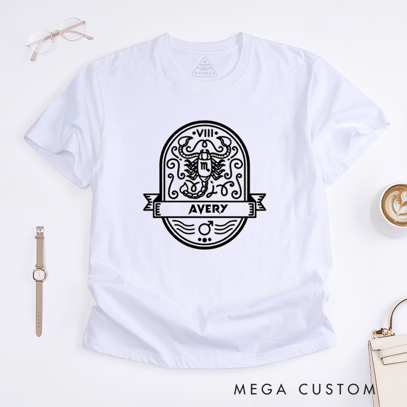 Personalized Scorpio Zodiac Classic T-Shirts Custom Astrology Gift for Men Women Birthday Present Astrological Sign Tee Unique Horoscope Present