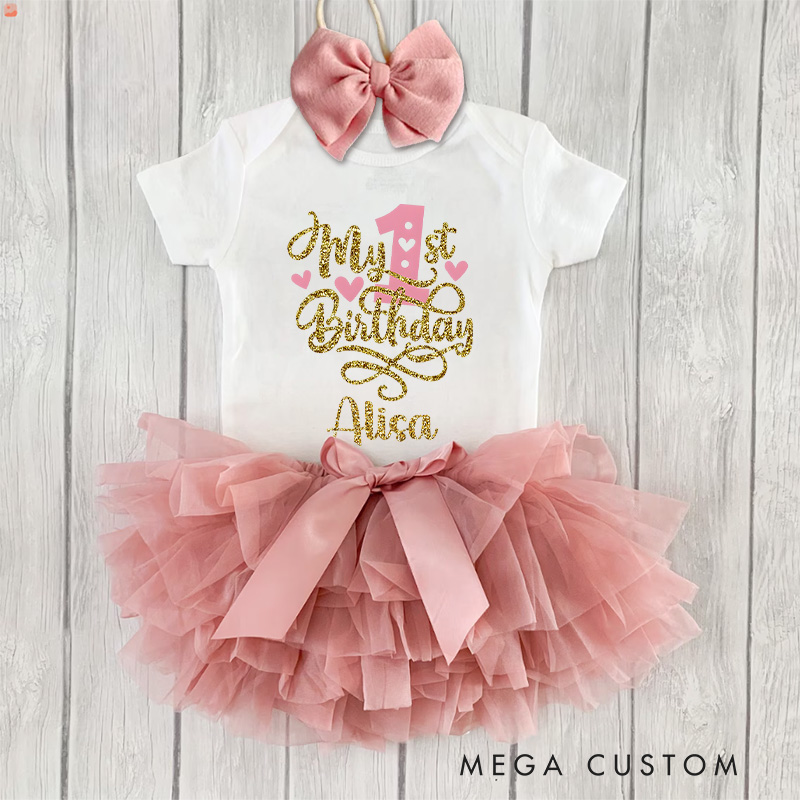 Personalized Glittery My First Birthday Design with Name and Hearts for Baby Celebration Baby Tutu Skirt