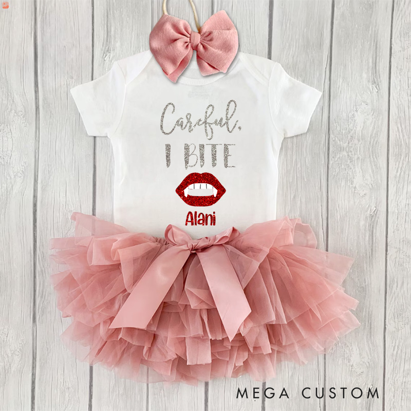 Personalized Playful Careful I Bite Design with Red Lips and Name for a Fun Baby Look Baby Tutu Skirt