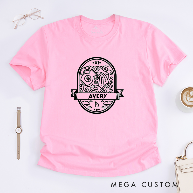 Personalized Aquarius Zodiac Classic T-Shirt Unique Astrology Birthday Gift Custom Name Horoscope Shirt for Men Women Unisex Water Bearer Sign Lovers